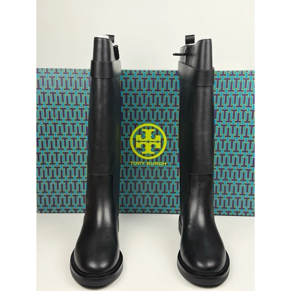 TORY BURCH Double T Utility Boot Women's Size 7 Perfect Black Vachetta Tumbled‎